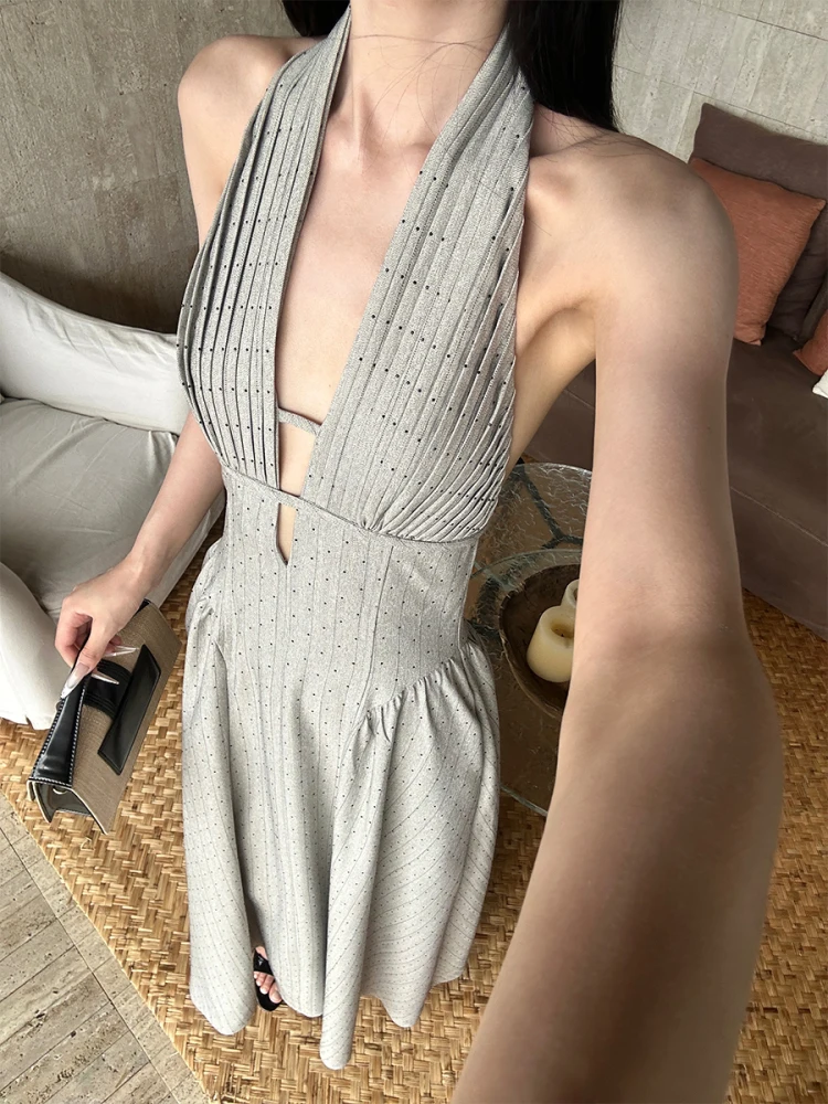 

2025 Women's Clothing Polka Dot Pleated Halter Neck Backless Dress Spring Summer New 0707