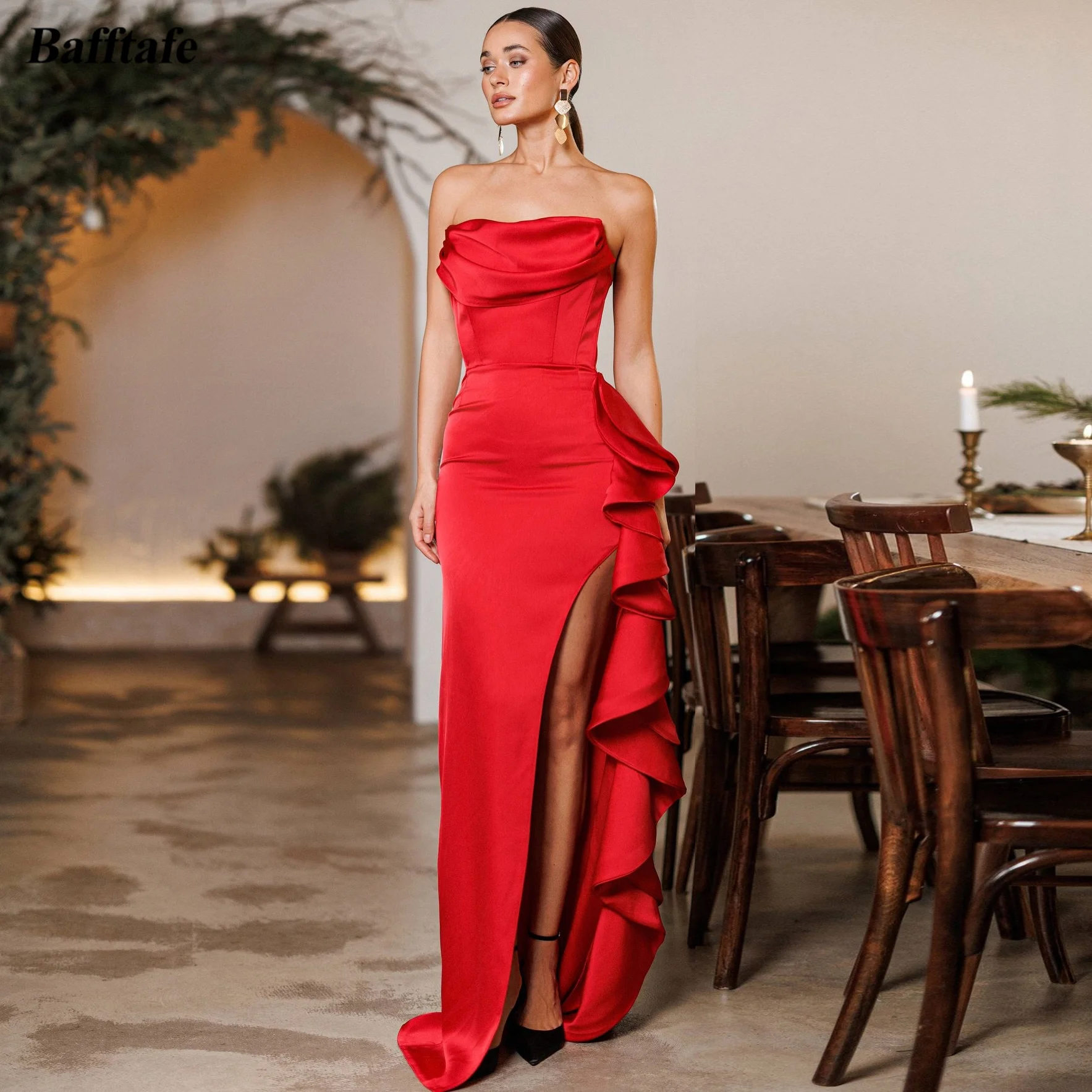 

Bafftafe Red Mermaid Satin Long Evening Dresses Customized Ruffles Slit Prom Dress Women's Occasion Formal Garden Party Gowns