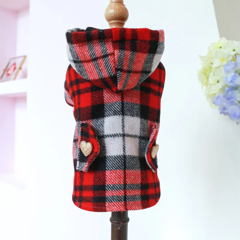 Pet Christmas Plaid Hooded Coat Cat Clothing Autumn and Winter Warm Red Plaid Windbreaker Dog Clothes for Small Dogs Puppy