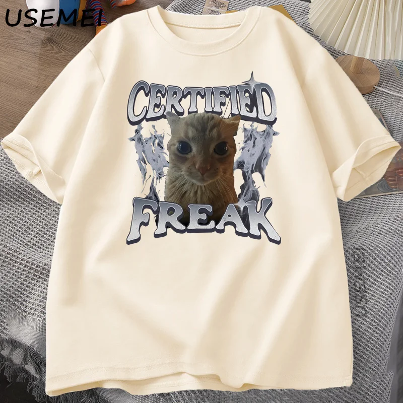 

Certified Freak Funny Cat Meme T-Shirt Men Women Vintage Kitty Graphic Tee Funny Pet Humor Unisex 90s Y2k Clothes Cotton Tshirt