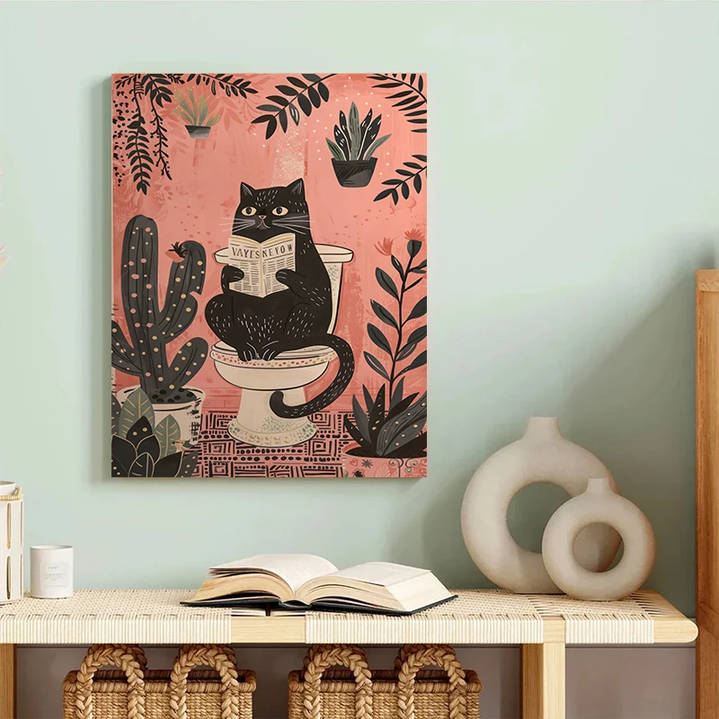 Funny Black Cat On The Toilet Reading Poster Animal Bath Prints Canvas Painting Wall Art Pictures for Toilet WC Bathroom Decor