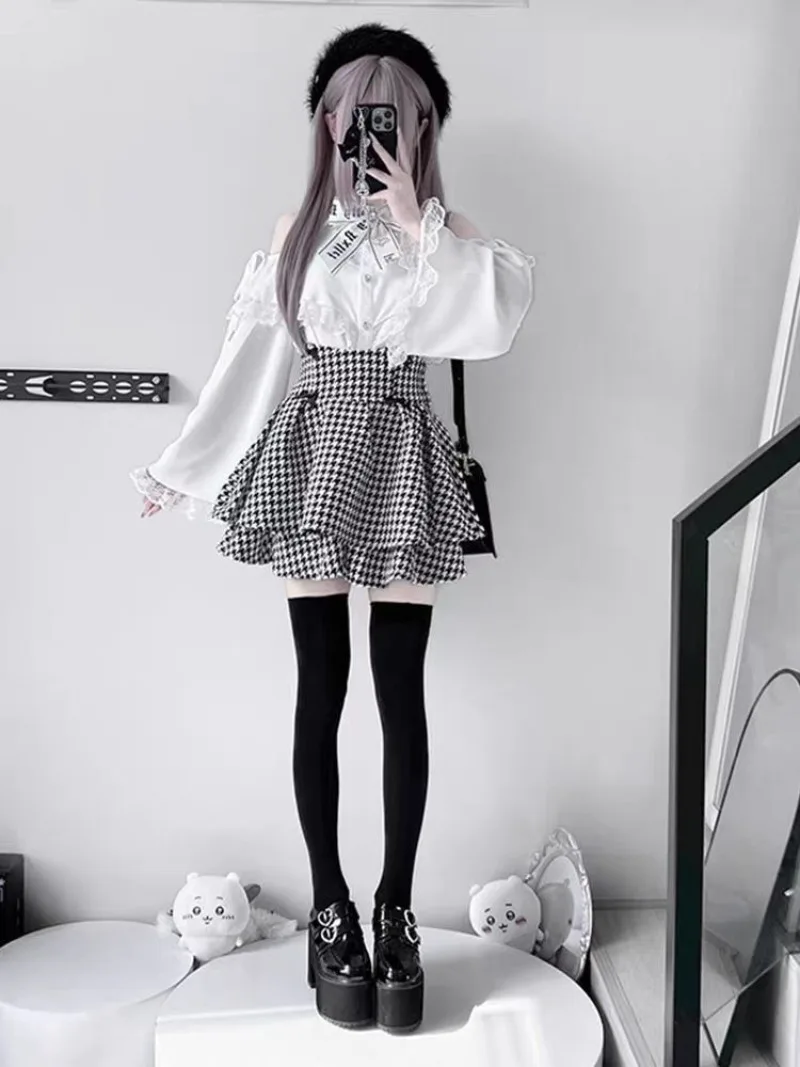 Japanse Kawaii meisje zoete kant lange mouw off-shoulder shirt + hoge taille duizend vogel halve rok 2-delige set meisjes nieuwe kleding