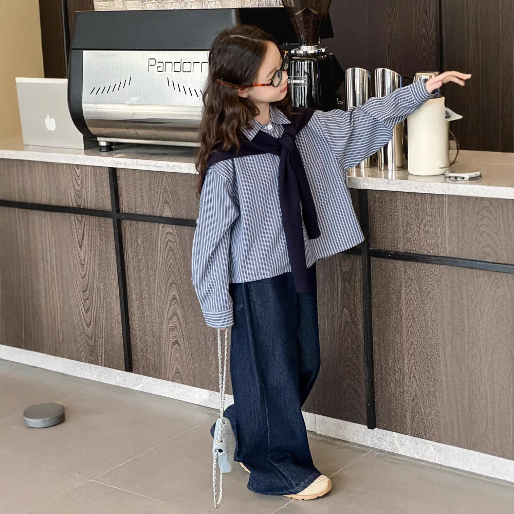 

Girls Spring Dress Set 2025 Childrens Loose Striped Shirt Jeans Two Piece Set Fashionable Two Piece Set