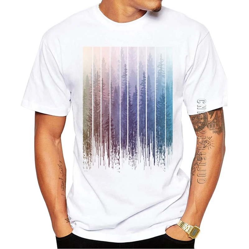 100% Cotton Hipster Grunge Dripping Rainbow Misty Forest Printed Men T-Shirt Funny Geometric Graphic Tshirt O Neck Tee Tops