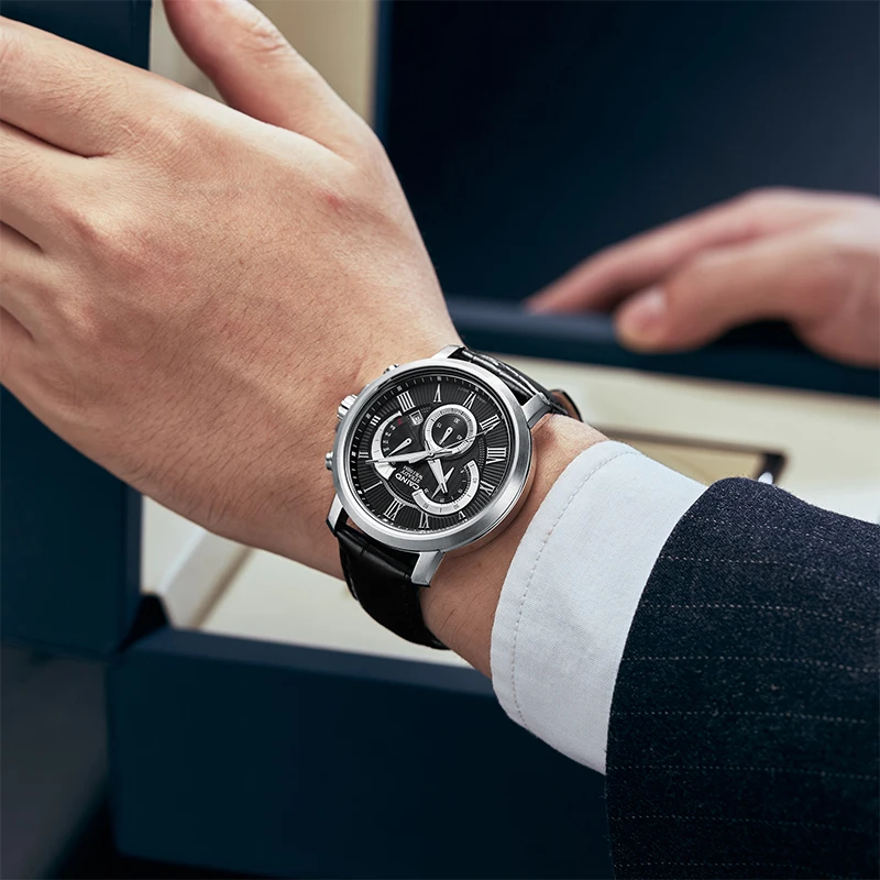 남성용 고급 가죽 쿼츠 시계, 탑 브랜드 캐주얼 스포츠 비즈니스 크로노그래프 방수 날짜 달력 손목시계