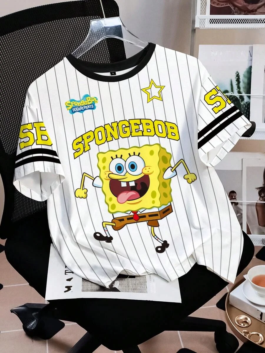 American SpongeBob SquarePants Baseball Style T-shirt Printed Children Adult Parent Child 3D Breathable Fashion Short Sleeve