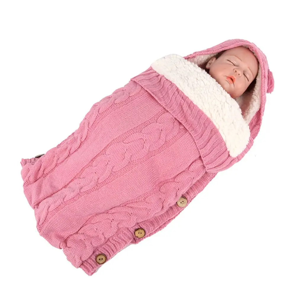 น่ารักหนาฤดูหนาวถักปุ่มทารกแรกเกิดผ้าห่มเด็ก Swaddle Wrap Swaddling รถเข็นเด็ก Swaddle ถุงนอน