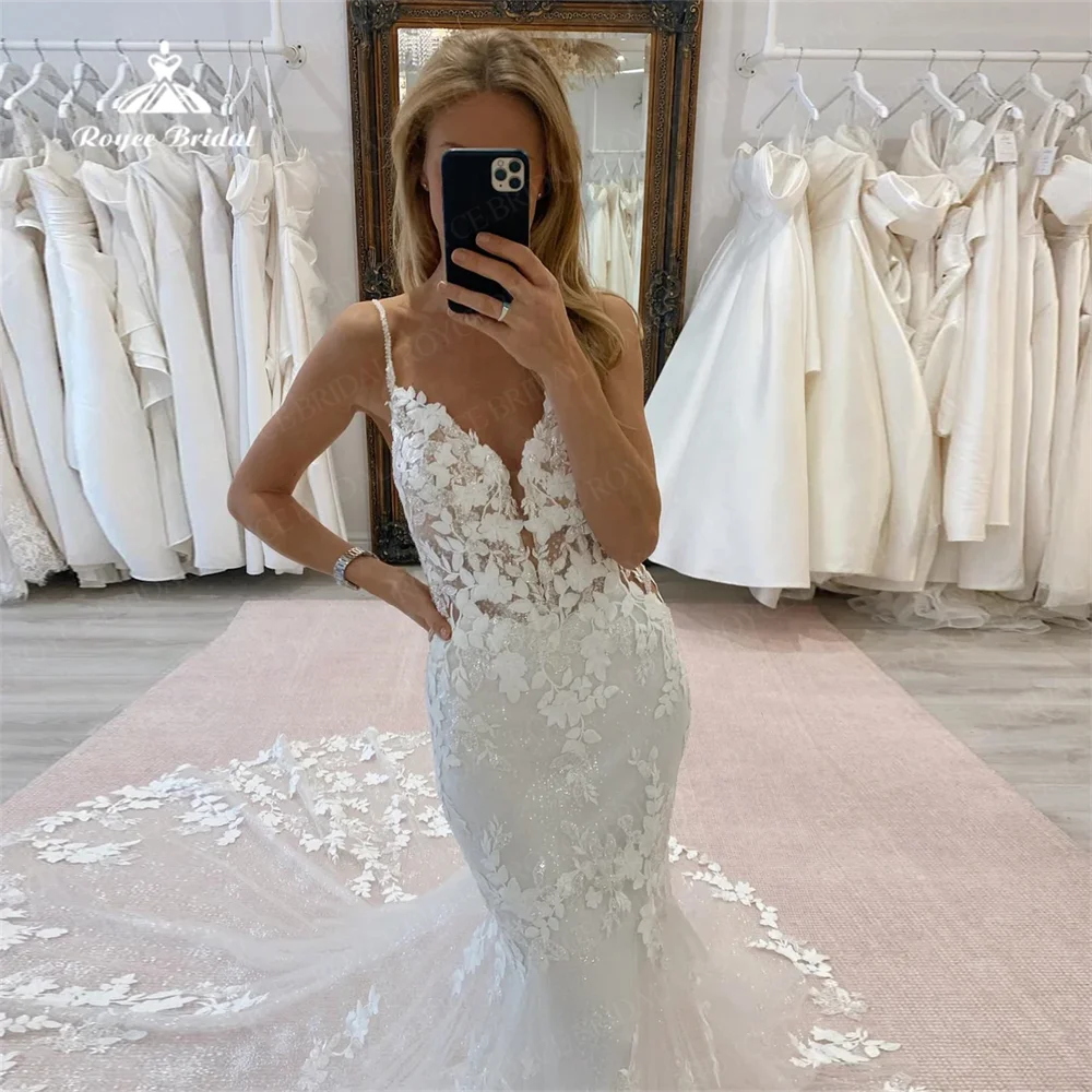 Robe de mariée sirène brillante avec appliques en dentelle de tulle scintillant, col en V, fibropatients, peu importe avec des spaghettis, sexy, dos nu