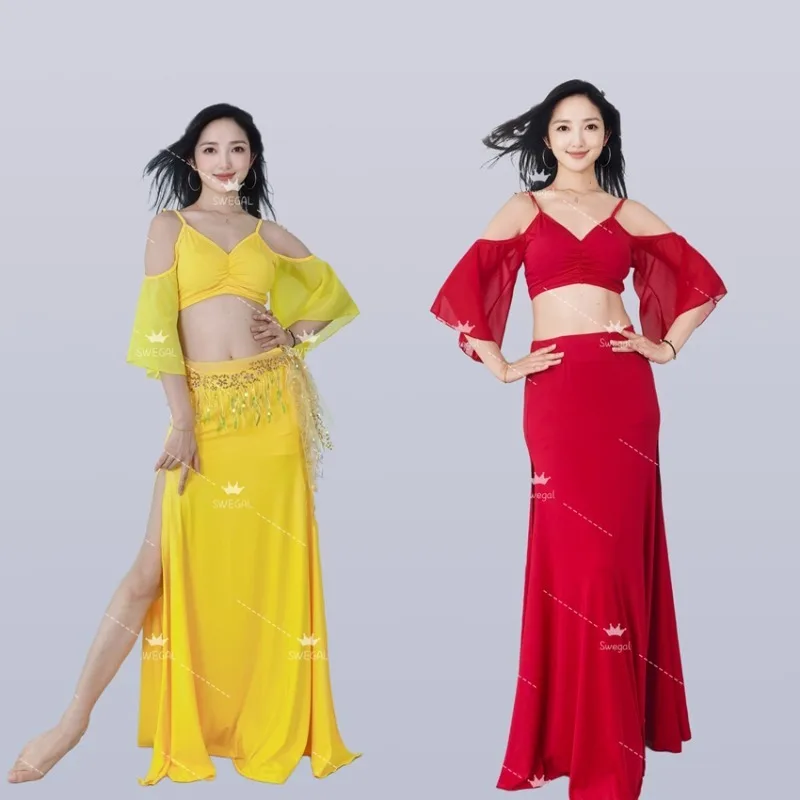 Trajes de dança do ventre sweg personalizados, roupa de prática, vestido de dança oriental, ombro de fora, manga de fada, divisão dupla, saia grande de balanço