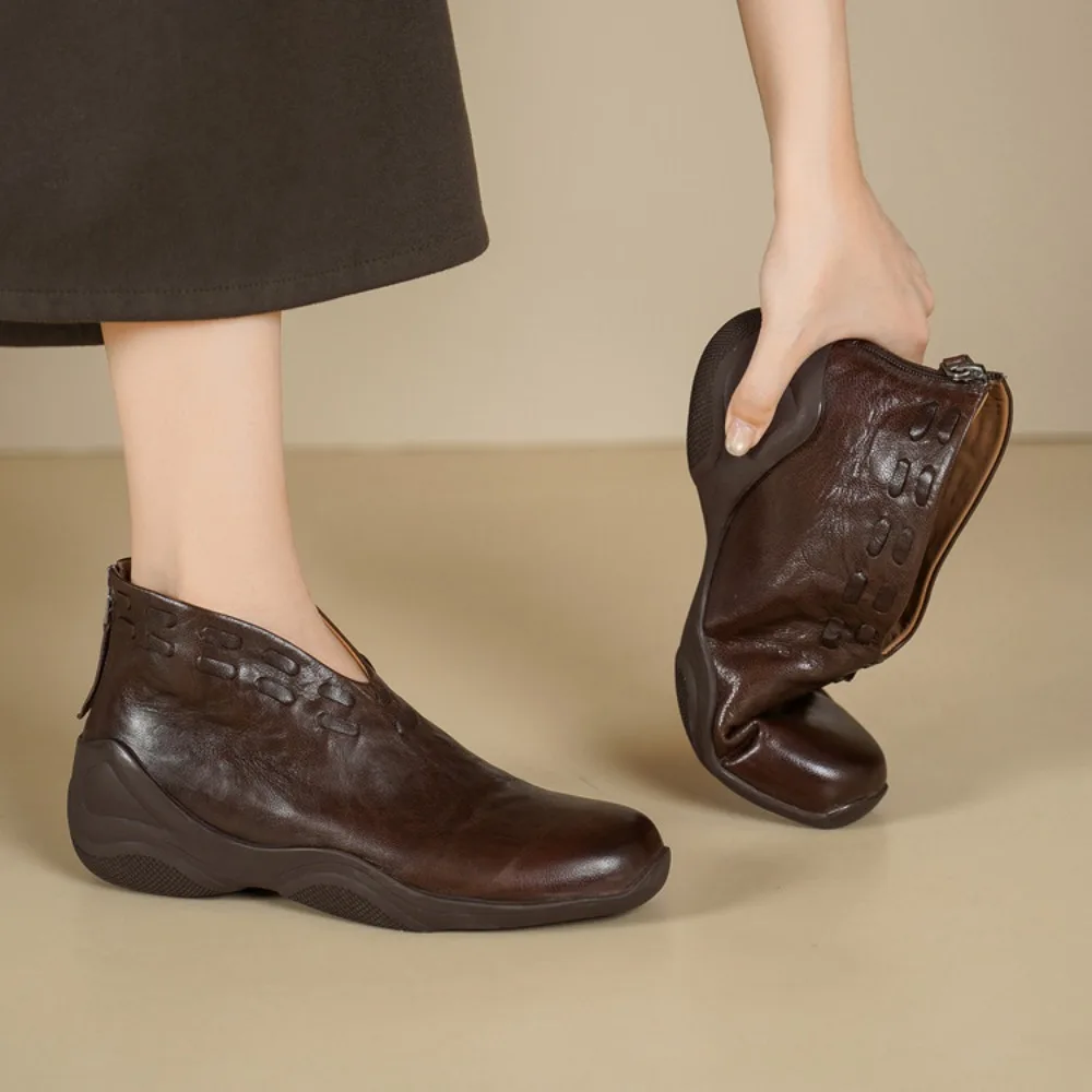2026 New Handmade Genuine Leather Short Boots Flat Shoes Winter Women's Warm Round Toe Side Zipper Casual Woman Single Shoes