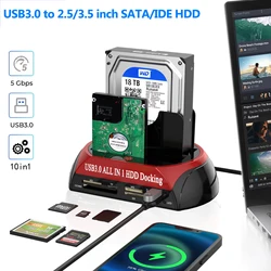 All IN 1 Dual-bay Hard Drive Station USB3.0/2.0 HDD Docking Station with 12V Power Adapter for 2.5/3.5 Inch HDD/SSD Reader Card