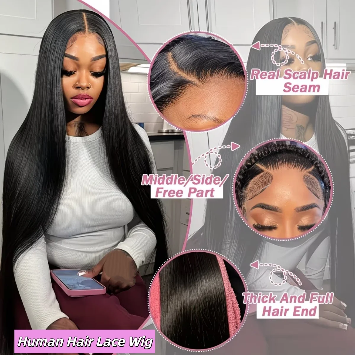 Peruca de Cabelo Humano HD Lace 13x6 Pré-Alongada Lisa com Fechamento Frontal HD 5x5, Densidade 200, Cabelo Humano Liso Sedoso e Macio para Mulheres