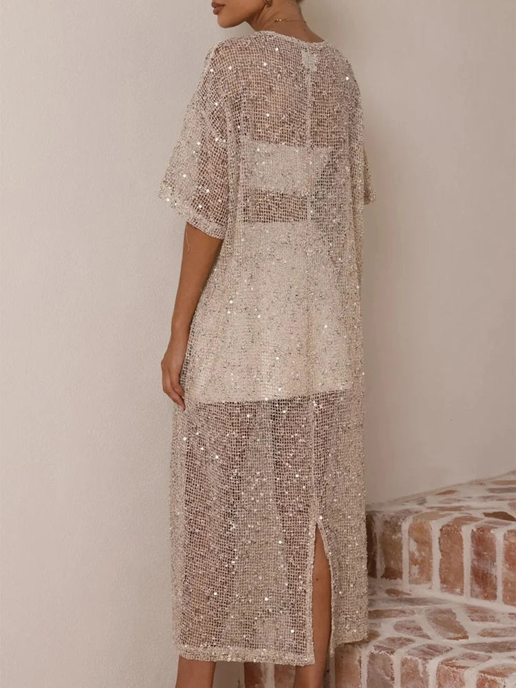

Female O-neck Loose Summer Long Dress Casual Hollowed Out Beach Cover Up Maxi Dresses Sequin Knitted Short Sleeved Holiday Dress