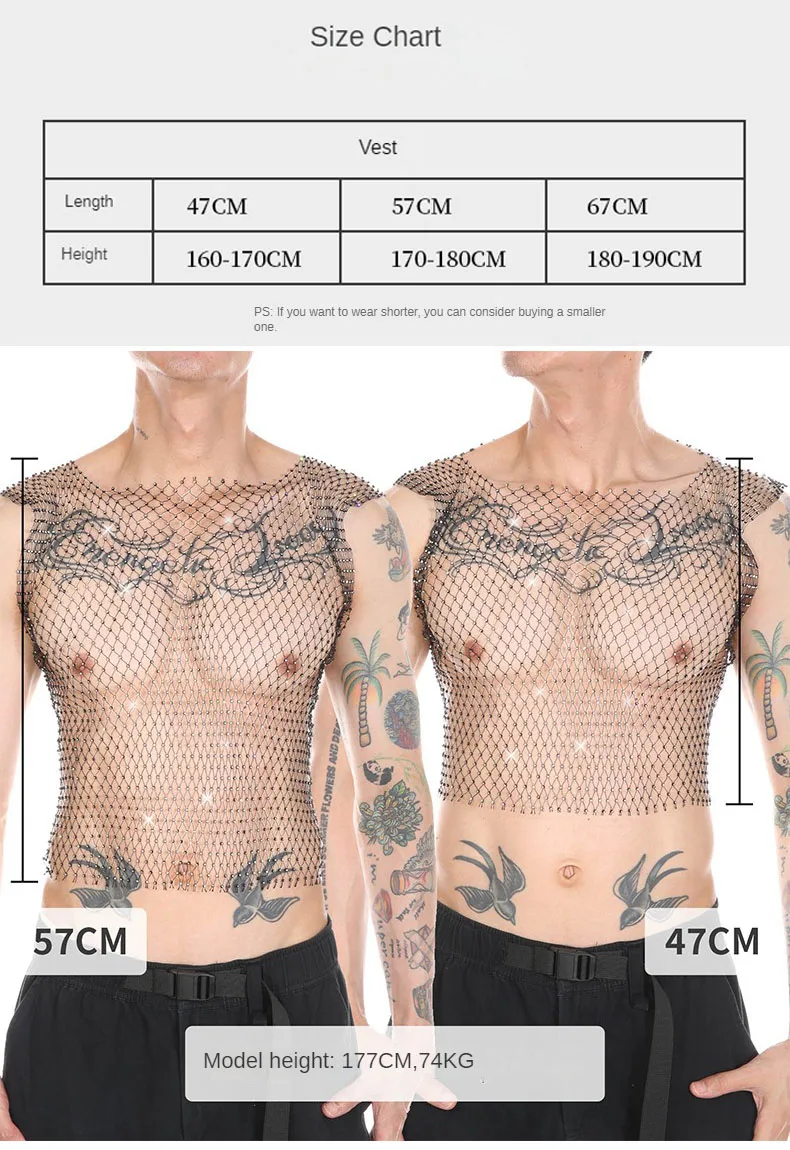 CLEVER-MENMODE Men Fishnet Sexy Tank Tops Rhinestone Shiny See-Through Hollow Vest Mesh Sleeveless T-Shirt Transparent Clothing