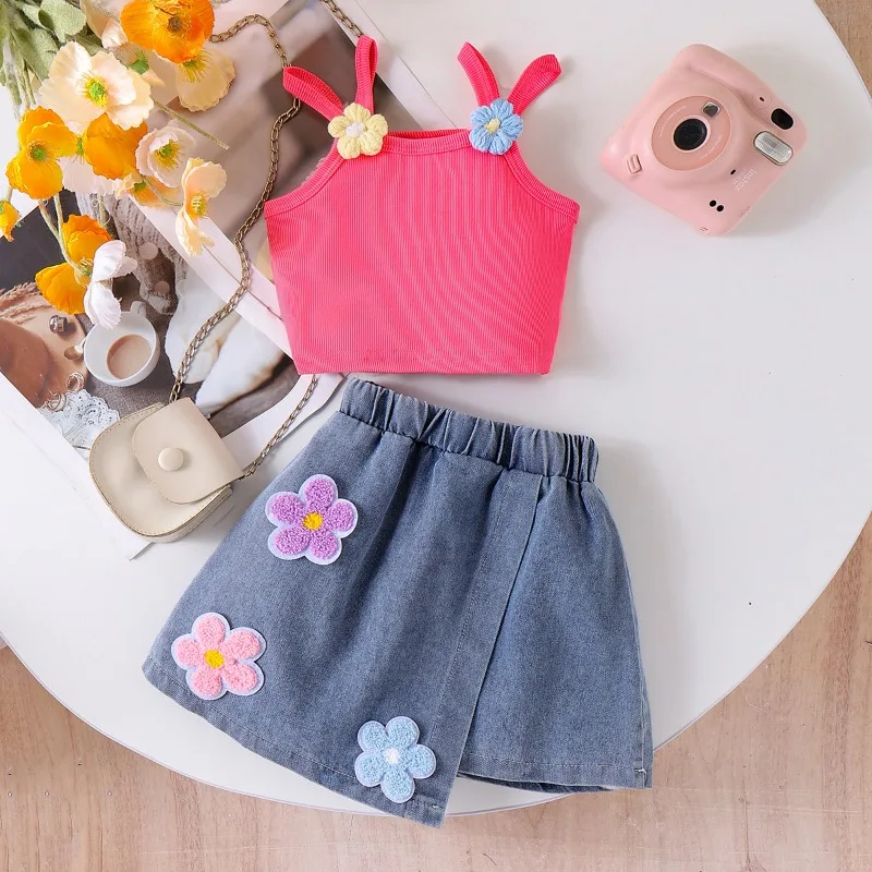 Europe and the United States summer new foreign-style girls suit cute rose red halter vest + denim skirt