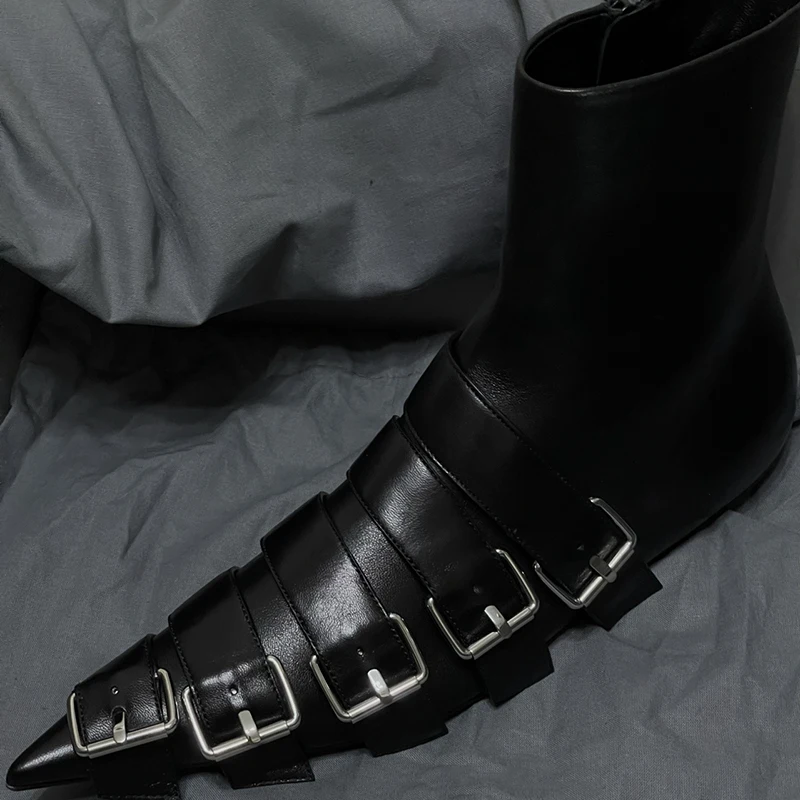British Style Metal Buckle Belt Fasten Ankle Boots Female black leather Pointed Toe Flat short Chelsea Booties
