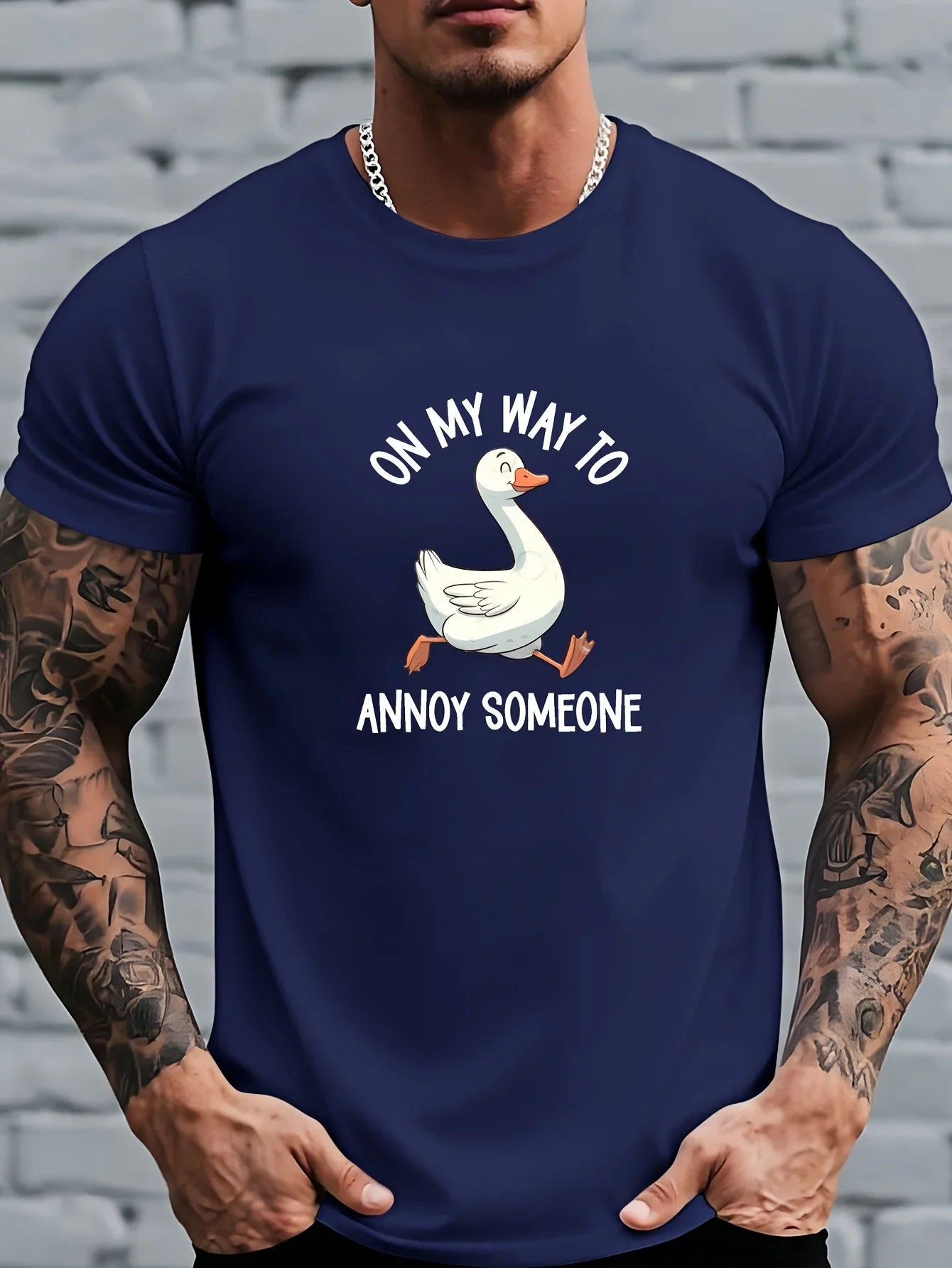 Funny Cartoon Goose Graphic T Shirt for Men On My Way To Annoy Someone Humorous Quote Letter Print Short Sleeve T-shirt Tops