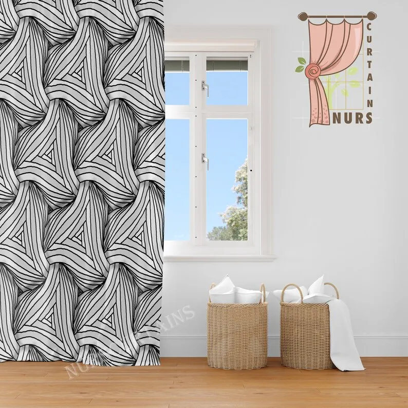 Geometric Art Curtain: Black and White Linear 3D Decor