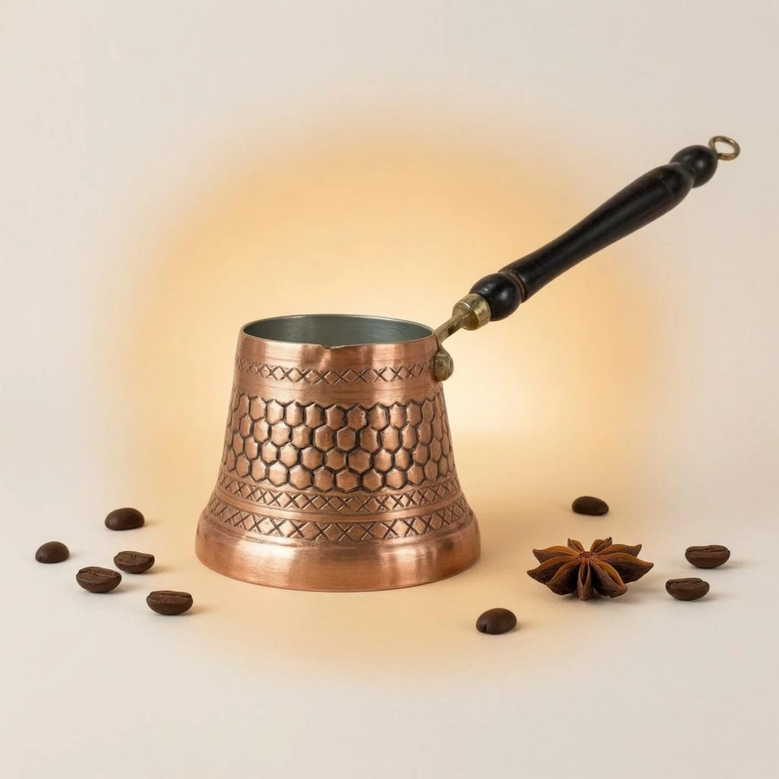 

Turkish Coffee Pot Tinned Interior Copper Cezve Engraved Copper Pot Wooden Handle Greek Briki Hanging Loop for Heating Drinks