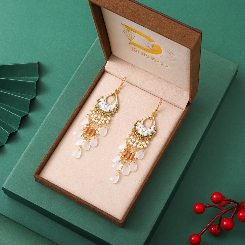 Böhmische lange Acryl-Wassertropfen-Quasten-Ohrringe für Frauen, ethnische mehrfarbige Perlen, Tropfenöl, handgefertigte baumelnde Ohrringe, Boho-Schmuck – Detail 14