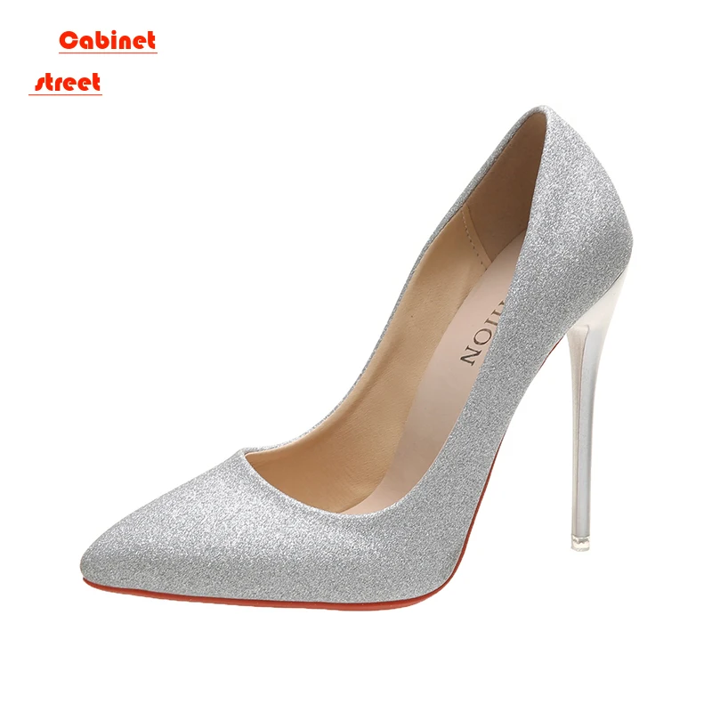 

New Silver High Heels Sparkly Sequined Micro-heels Women's Shallow Mouth Pointy Sexy Everything Plus-size Women Pumps Shoes