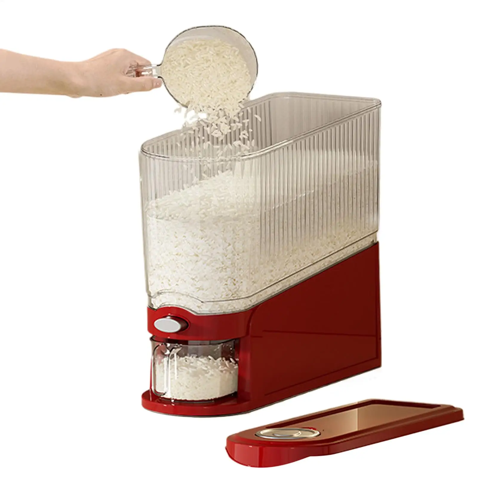 Rice Storage Dispenser 13.23lbs, Press-Type Airtight Container with Measuring Cup, Anti-Gnat Moisture-Proof Rice Organizer