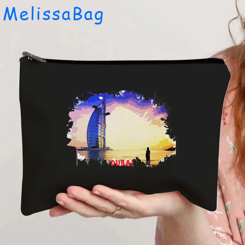 Chicago Toronto Canada Vancouver Dubai United Arab Emirates Watercolor Ink Painting Canvas Cosmetic Makeup Bag Pencil Case Pouch