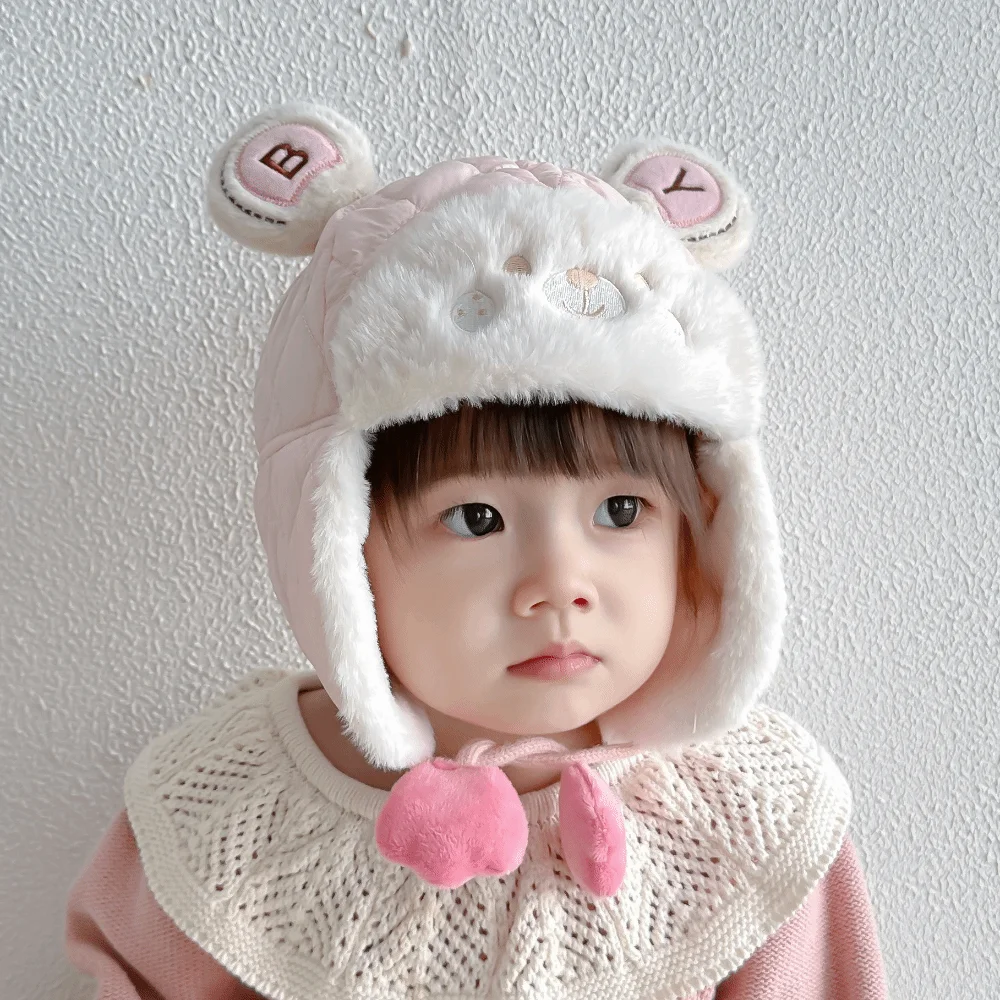 

Windproof Cartoon Bear Baby Hat Plush Thicken Earmuffs Toddler Cap Adjustable Ear Protection Trendy Baby Beanie Cap Cold Weather