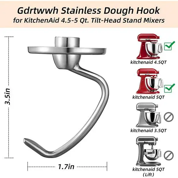 for KitchenAid 4.5-5 Quart Tilt Head Stand Mixer Stainless Steel Dough Hook Attachment Replacement Parts Bread Hooks