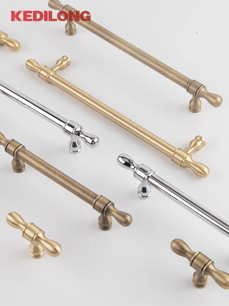 

KEDLO Nordic retro solid brass antique color T-Pull kitchen cabinet brushed brass handle drawer silver handle
