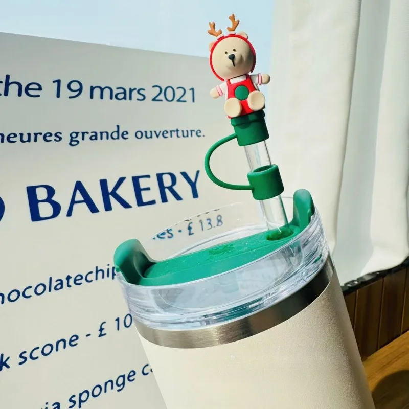 غطاء من القش السيليكون لستاربكس بهلوان كوب ل 7-8 مللي متر مقاومة للحرارة قابلة لإعادة الاستخدام الغبار واقية قبعات القش التوصيل عيد الميلاد الديكور