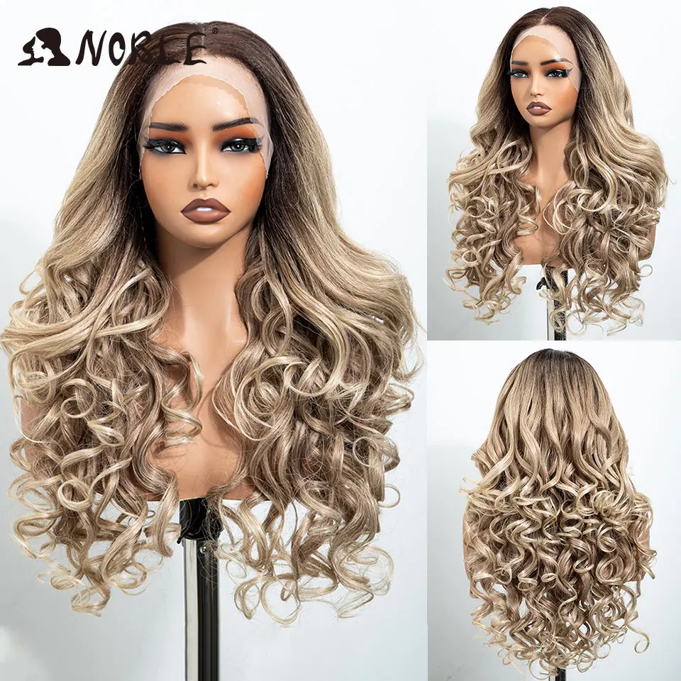 NOBLE 13X4 Lace-Front-Synthetikperücke, 28 Zoll, Ombré-Blond, lockige, lockere Frisur, mit Pony, hitzebeständig, TikTok-Perücke für schwarze Frauen, für den täglichen Gebrauch. – Detail 4