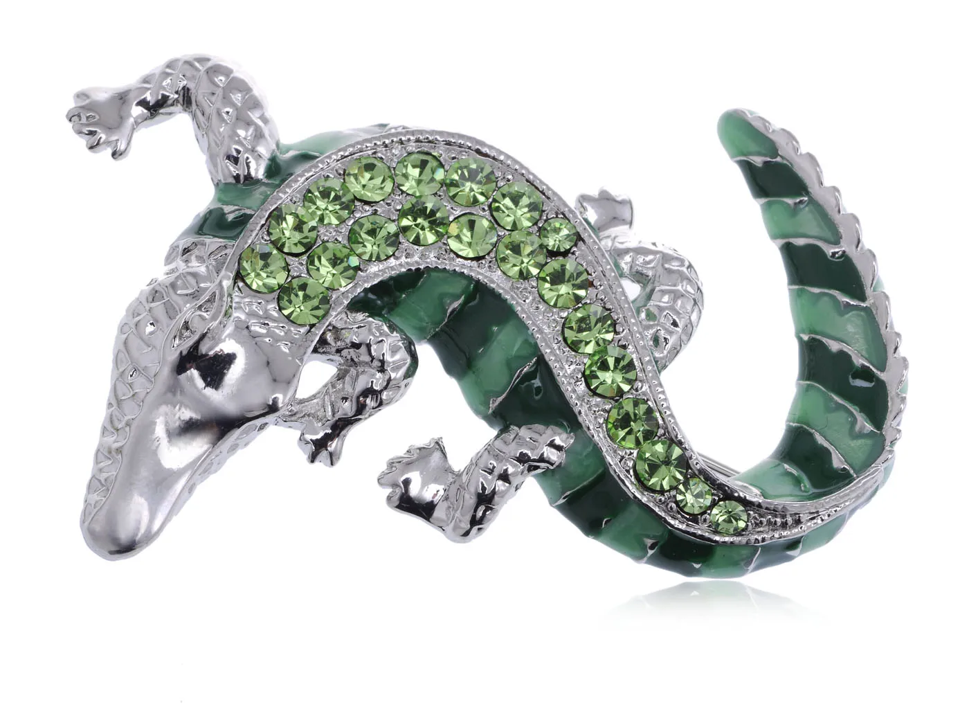 Green Silvery Tone Crawling Alligator Crocodile Reptile Body Brooch Pin