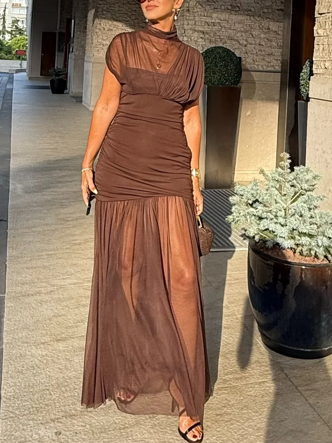 

Summer Sexy Women's Sleeveless Pleated Midi Dress Chic Splicing Design Zipper Tulle Dress for Beach Party Elegant Mujer