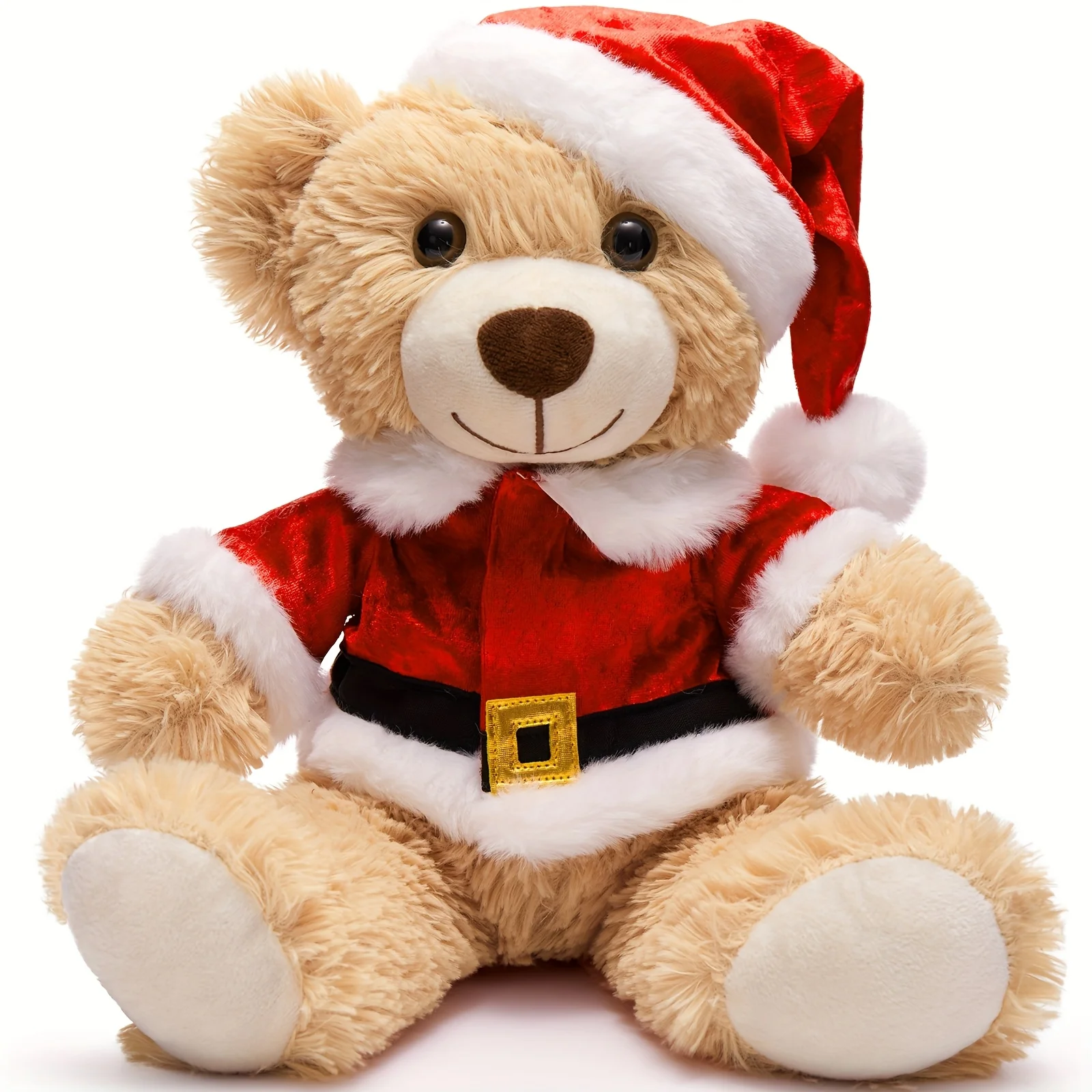 Weihnachts-Teddybär-Kuscheltier – 13,8 Zoll hellbrauner Polyesterfaser-Plüschbär mit Weihnachtsmann-Outfit, Geschenk für Kinder ab 3 Jahren