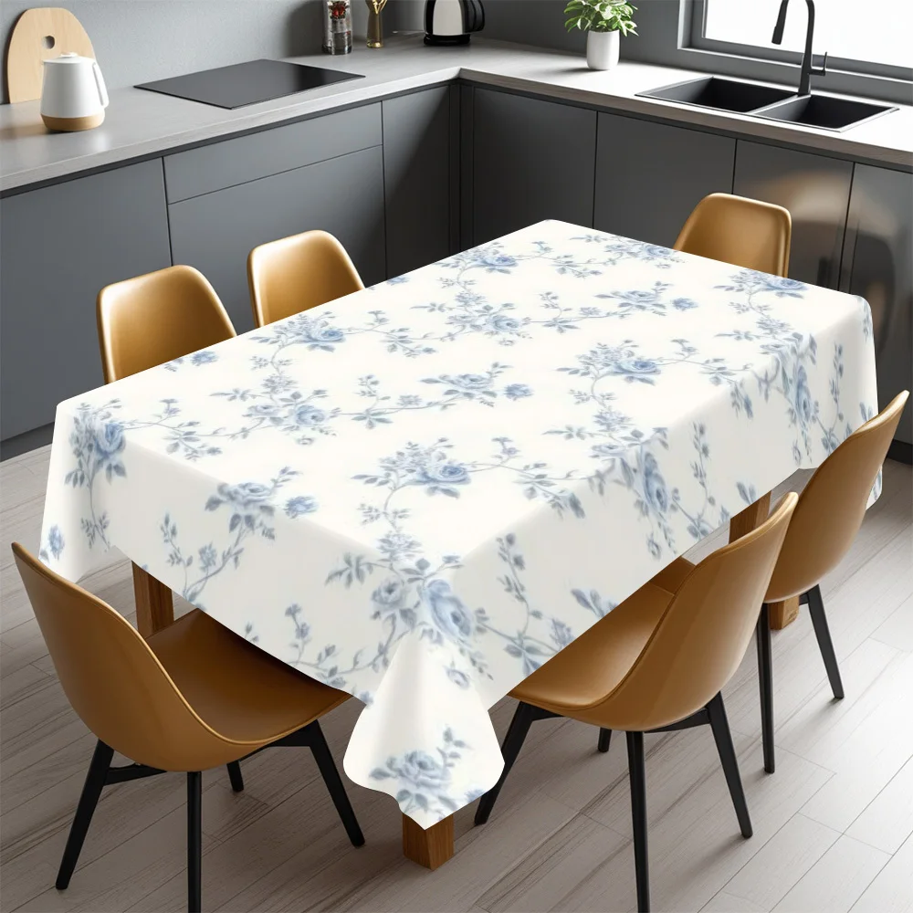 Flower Art Tablecloth, Elegant Blue Vintage Rose and Vine Pattern, Waterproof Table Cover, Gentle Home Interior Decoration