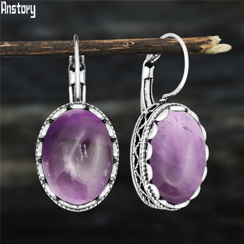 Oval Amethysts Earrings For Women Tibetan Silver Natural Stone Rose Quartz Lapis Lazuli Tiger Eye Fashion Earring