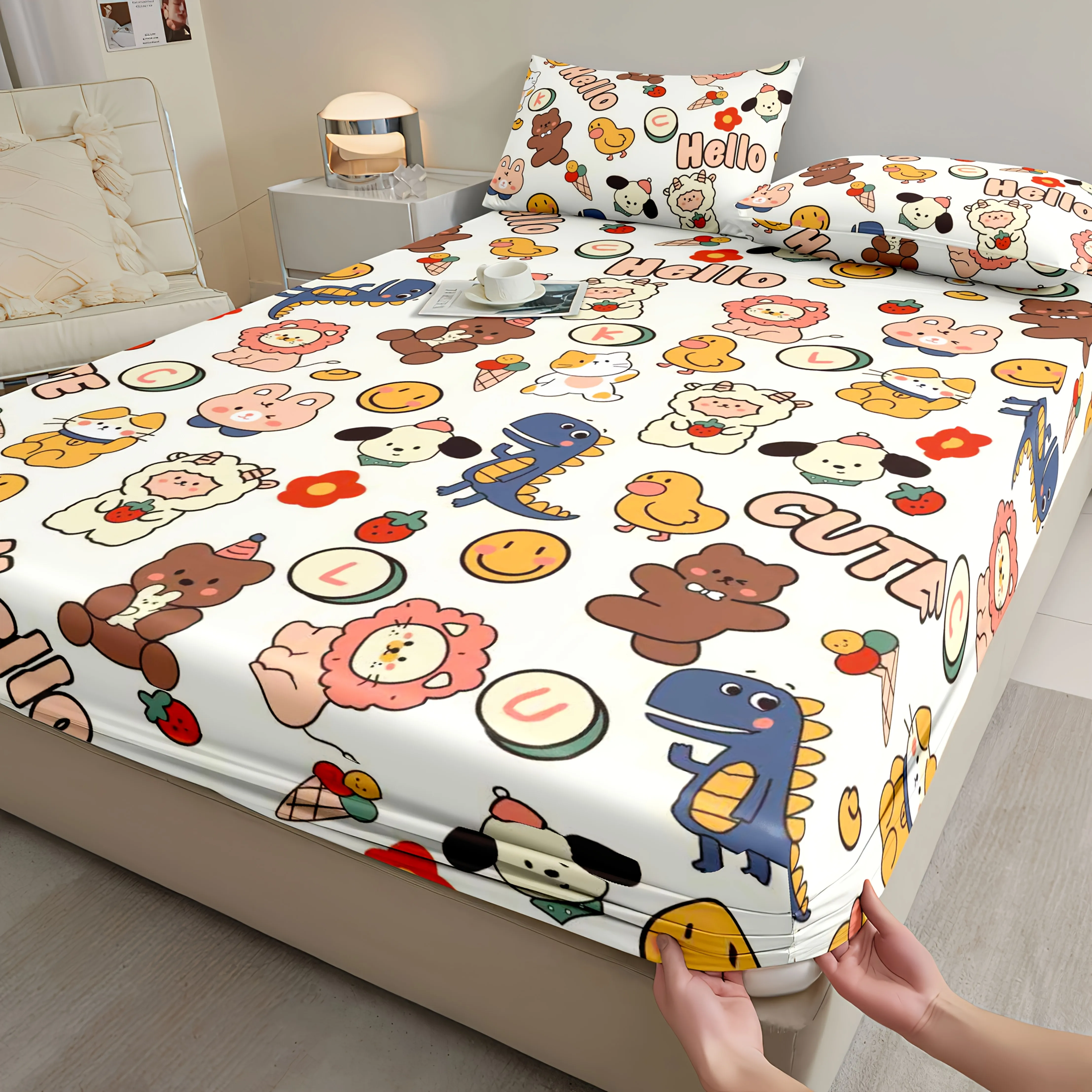 

Cartoon Animal Print Fitted Sheet Set - Soft Comfortable Skin-Friendly Breathable for Home & Guest Rooms