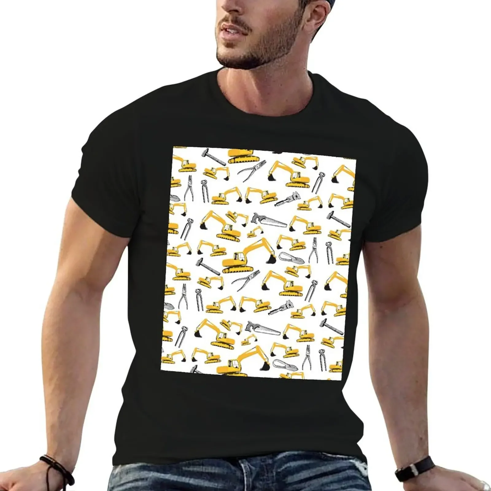 Excavator Construction Trucks and Tools Pattern T-Shirt graphic tee shirt anime tshirt fruit of the loom mens t shirts