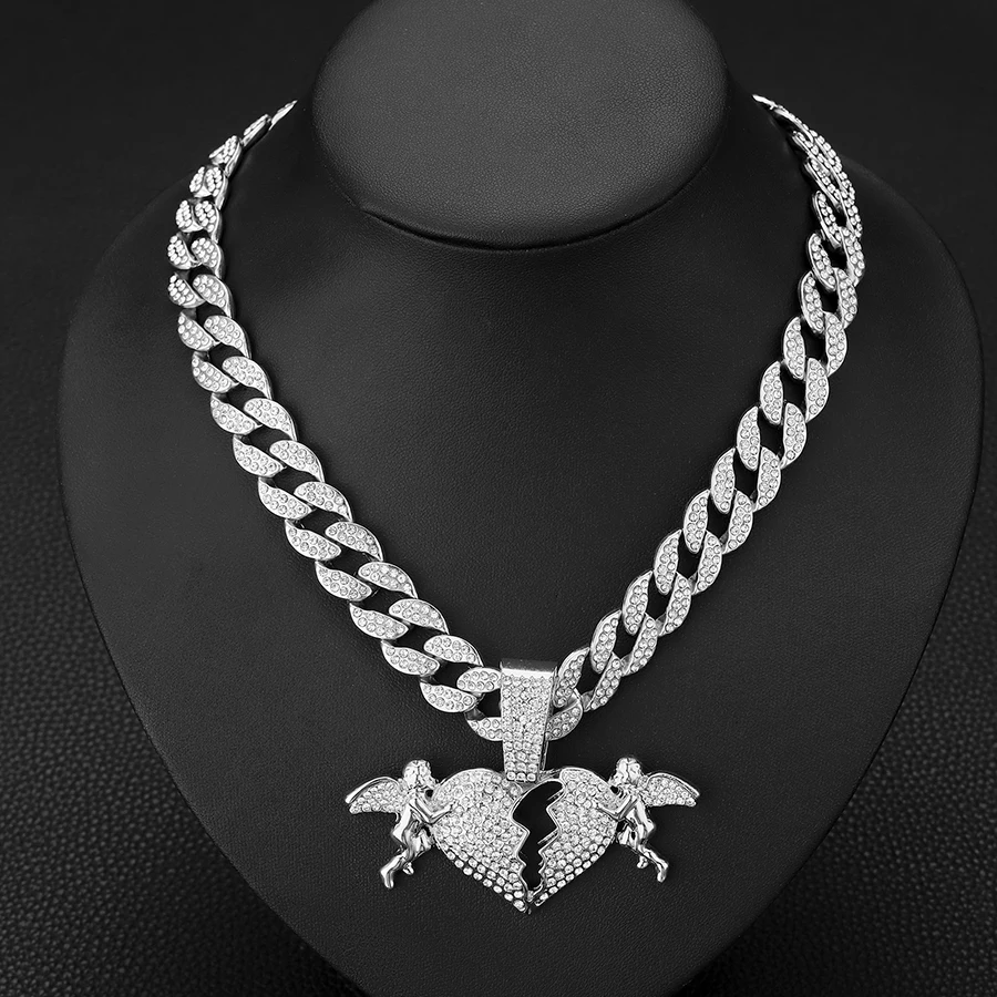 Factory sale Iced Out 15mm Cuban Chain With Hip Hop Alloy And Bling Rhinestone Angel Love Heart Pendant Necklace