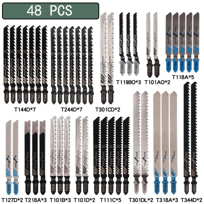 10/20/35/48Pcs T-Shaft Jigsaw Blades HCS Assorted Jig Saw Blades For Wood Plastic Metal Cutting T119B T111C T218A T118A T118B