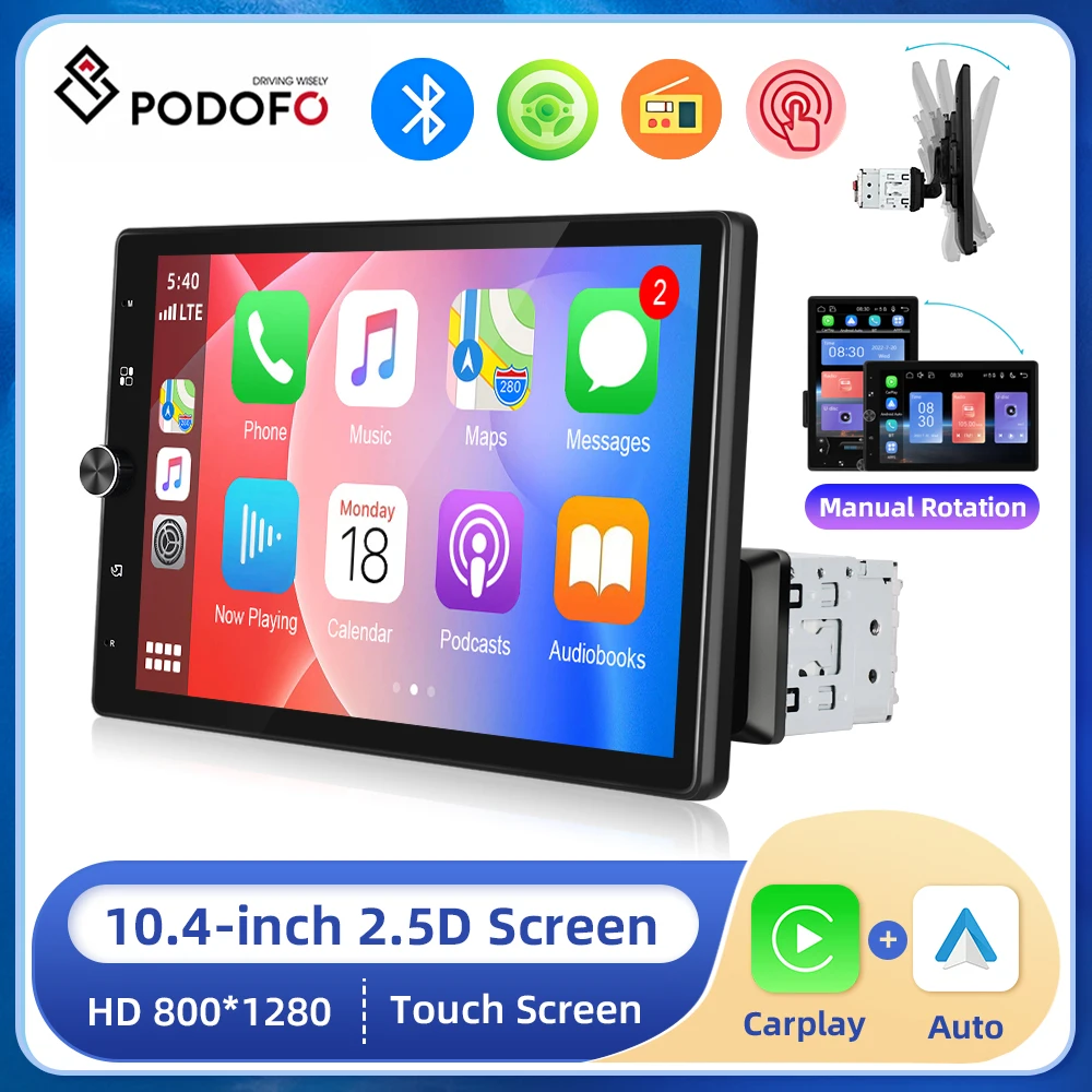 

Podofo 1DIN 10.4” Manual Rotation Car Stereo Radio Carplay Android auto Bluetooth FM Radio Voice Control Car Multimedia Player