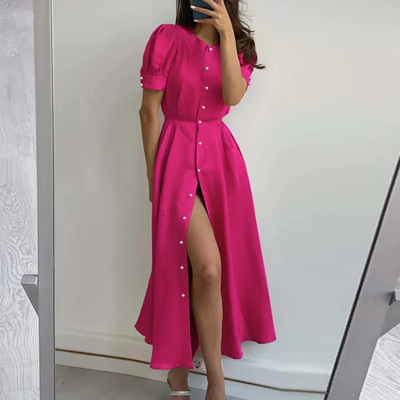 

Elegant Split Women A-line Midi Dress Pearl Single Breasted Short Puff Sleeve Office Female Dresses 2023 Party Large Swing Robe