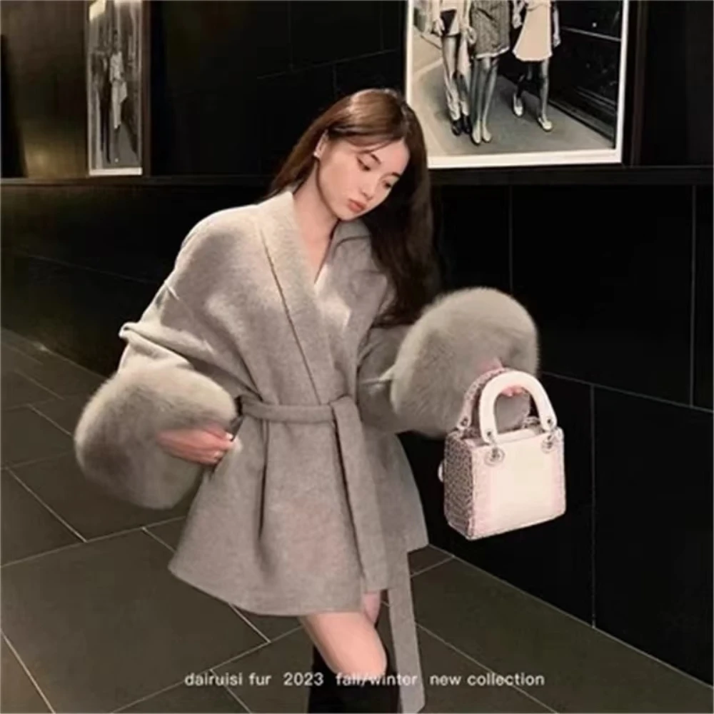 Grey Tie Waist Collection Woolen Coat Women's Autumn and Winter 2024 New Long Sleeved Loose High-end Cape Coat Medium Length Top