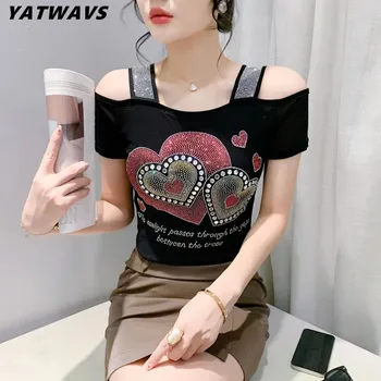 女性用半袖Tシャツ,裸の肩,スリムなハート型のダイヤモンド,シックなストリートウェア