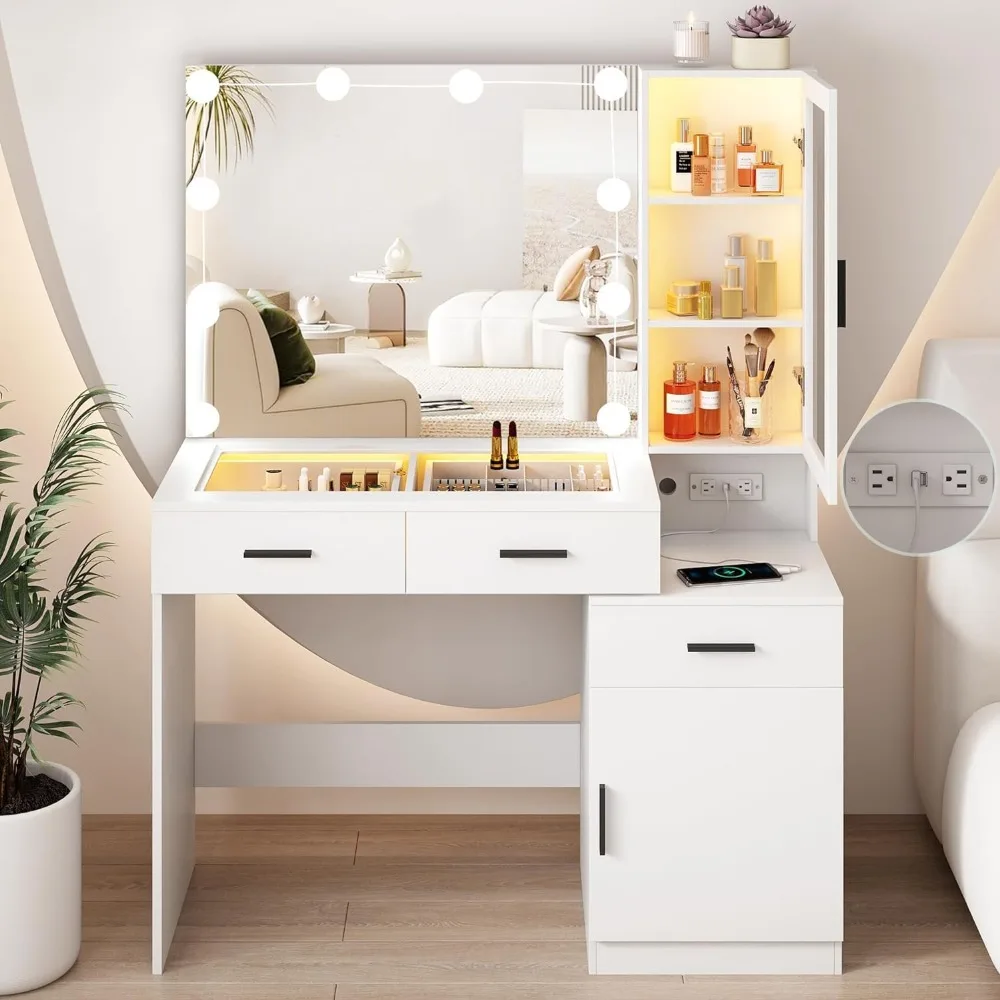 โต๊ะเครื่องแป้งขนาด 43 นิ้ว พร้อมท็อปกระจก, โต๊ะเครื่องแป้งสีขาวพร้อมกระจกและไฟ & แท่นชาร์จ, ชุดโต๊ะเครื่องแป้งพร้อมไฟ RGB