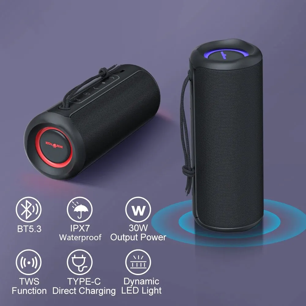 WISETIGER P3 Altavoz Bluetooth portátil 30W al aire libre IPX7 impermeable bajo Boost caja de sonido TWS doble emparejamiento BT5.3 luces RGB