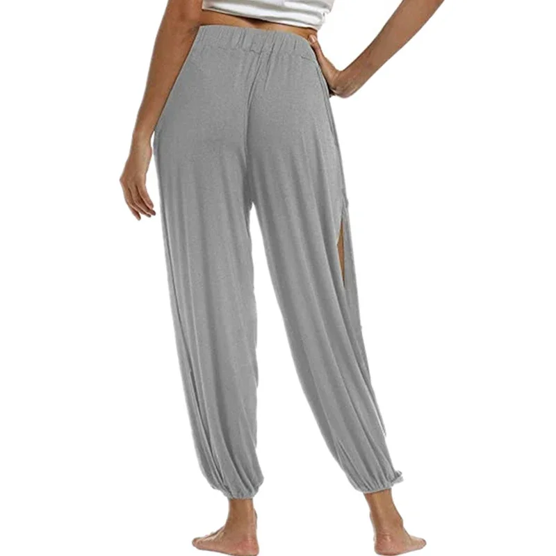 Sommer-Haremshose mit hohem Schlitz für Damen, Sport-Yogahose, solide, lockere Hippie-Haremshose mit weitem Bein – Detail 6