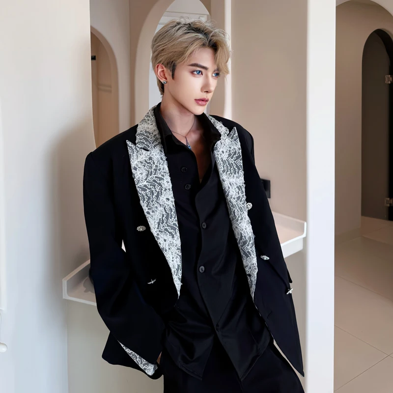 WVGA Spring Autumn New Men Tide Turn-Down Collar Blazer Niche Chic Casual Lace Patchwork Trendy Shoulder Padded Suit Coat W16194