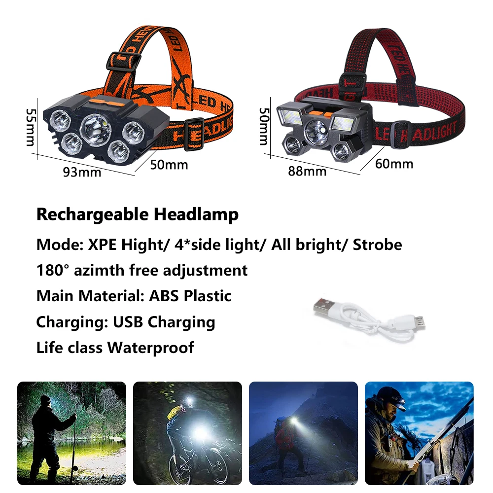 Five Head LED Headlight Strong Light Super Bright Long Range LED Head Flashlight USB Rechargeable Fishing Working Mount Headlamp